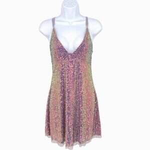 Free People Gold Rush Sequin Mini Dress Lilac Marina Combo Size Small